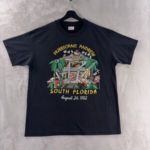 Vintage Miami Hurricane Andrew T Shirt Mens Size XL Black Single Stitch 90s Thin